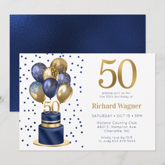 50. Geburtstag Navy Blue Balloon Cake Einladung (Vorne/Hinten)