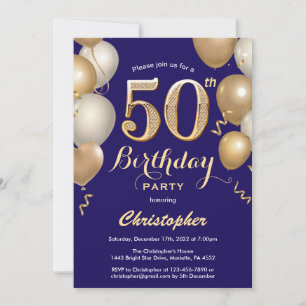 50. Geburtstag Navy Blue und Gold Balloons Confett Einladung