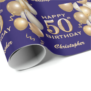 50. Geburtstag Navy Blue und Gold Glitzer Balloons Geschenkpapier