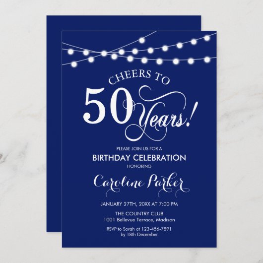 50. Geburtstag - Navy Blue White Einladung (Vorne/Hinten)