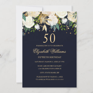 50. Geburtstag Navy Gold Floral Einladung