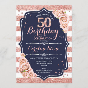 50. Geburtstag - Navy Rose Gold und White Stripes Einladung