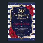 50. Geburtstag - Navy White Stripes und Rote Rosen Einladung<br><div class="desc">50. Geburtstag Einladung Elegantes marinebrotes Design mit Imitat Glitzer. Navy und weiße Streifen mit rote Rosen. Ideal für eine stilvolle Geburtstagsfeier.</div>