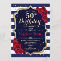 50. Geburtstag - Navy White Stripes und Rote Rosen