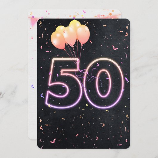 50. Geburtstag Neon Sign auf schwarze Einladung (Vorne/Hinten)