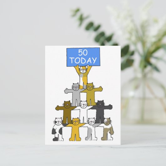 50. Geburtstag Niedlicher Cartoon Katzen Postkarte (Stehend Vorderseite)