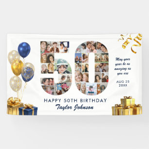 50. Geburtstag Nummer 50 Fotocollage Weiß Gold Banner