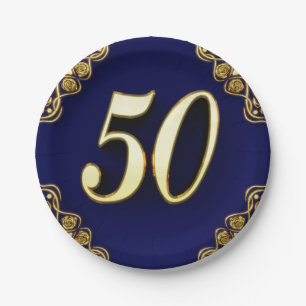 50. Geburtstag oder Jahrestag Regal Gold und Blau Pappteller