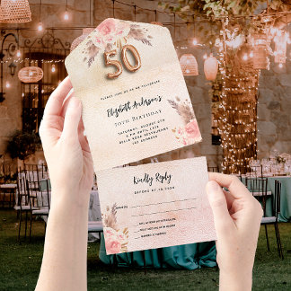 50. Geburtstag Pampas Gras Rose Rosa Blumensträuße All In One Einladung
