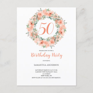 50. Geburtstag Peach Aquarell Floral Einladungspostkarte