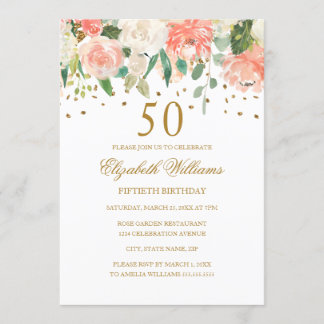 50. Geburtstag Peach Gold Floral Einladung