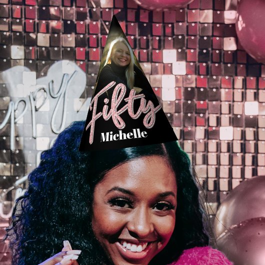 50. Geburtstag personalisiertes Foto Glitzer rosa Partyhütchen