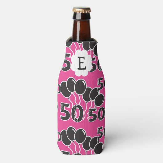 50. Geburtstag PINK BLACK Mit Monogramm Personalis Flaschenkühler (Flaschenvorderseite)