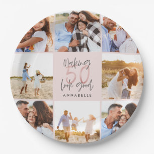50. Geburtstag pink Girly Glitzer Foto Collage Pappteller