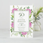 50. Geburtstag Pink Hydrangeas Einladung (Stehend Vorderseite)