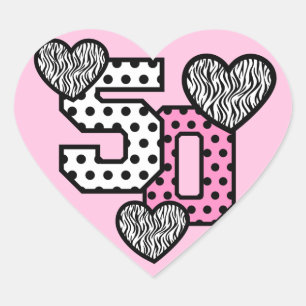 50. Geburtstag PINK POLKA DOTS and ZEBRA HEARTS V0 Herz-Aufkleber