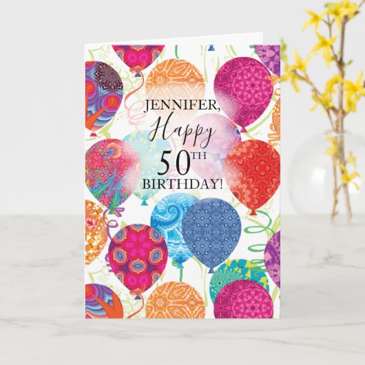 50. Geburtstag Pink Türkis Balloons Karte (Gelbe Blume)