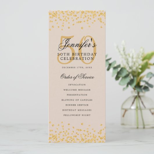 50. Geburtstag Programm Gold Confetti Menü Champag (Stehend Vorderseite)