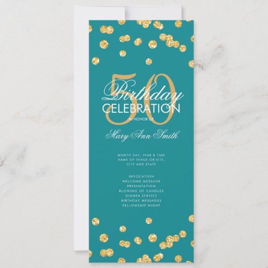 50. Geburtstag Programm Gold Glitzer mit Menü Aqua (Vorderseite)