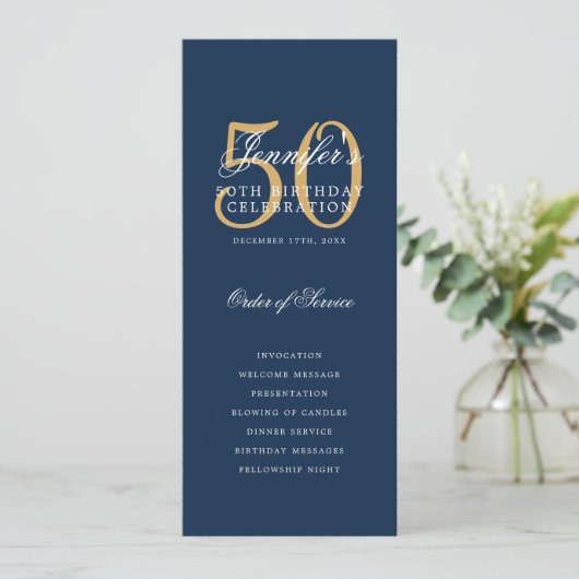 50. Geburtstag Programm Gold Navy Blue Vielen Dank (Stehend Vorderseite)