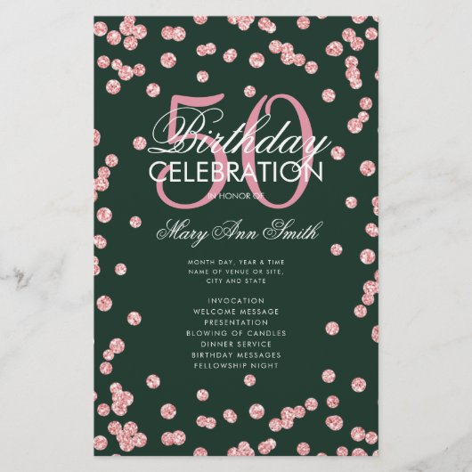 50 Geburtstag Programm Rose Gold Glitzer Menü Smar (Vorne)