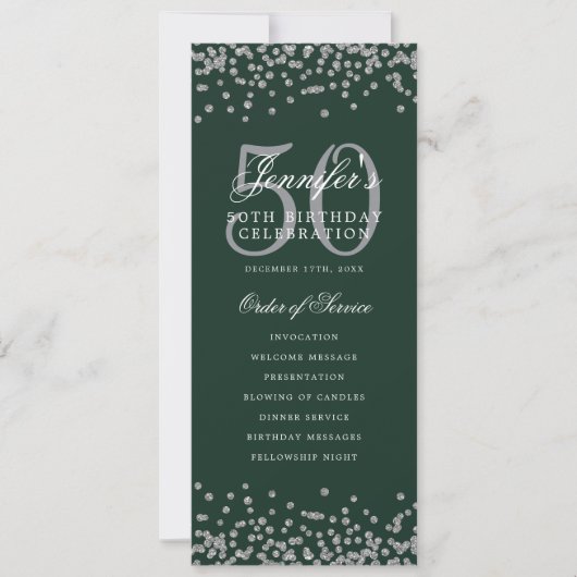 50. Geburtstag Programm Silver Confetti Menü Grün (Vorderseite)
