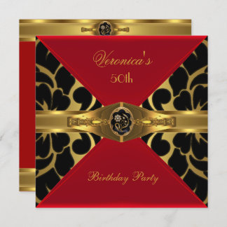 50. Geburtstag Red Gold Black Damask Floral Jewel Einladung