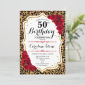 50. Geburtstag - Red Gold Leopard Print Einladung (Stehend Vorderseite)
