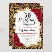50. Geburtstag - Red Gold Leopard Print Einladung (Vorne/Hinten)