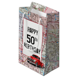 50. Geburtstag Red Retro Truck auf Karte Kleine Geschenktüte