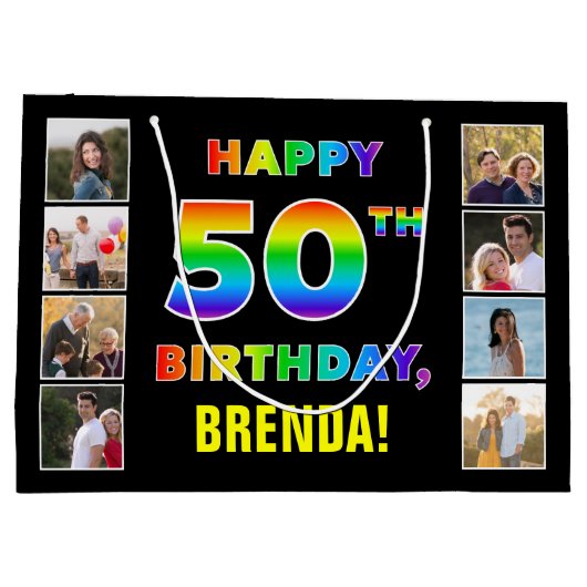 50. Geburtstag: Regenbogentext, benutzerdefinierte Große Geschenktüte (Rückseite)