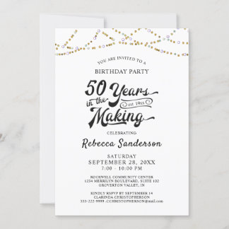 50. Geburtstag Retro Gold Black String Lights Einladung