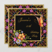 50. Geburtstag Rosa Bläserschmetterling Gold Black Einladung (Vorne/Hinten)
