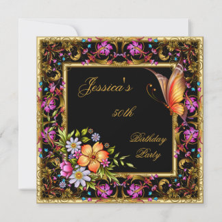 50. Geburtstag Rosa Bläserschmetterling Gold Black Einladung