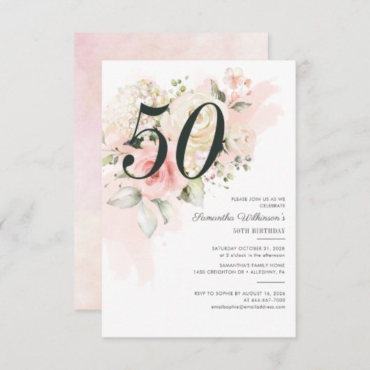 50. Geburtstag Rosa Blumengrün Botanisch Einladung (Vorne/Hinten)