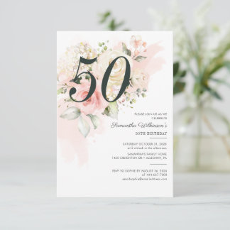 50. Geburtstag Rosa Blumengrün Botanisch Einladung