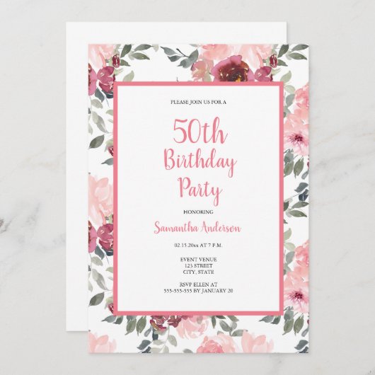 50. Geburtstag Rosa Blumenladen Einladung (Vorne/Hinten)