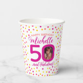 50. Geburtstag rosa gelbe Konfetti zwei Fotos Pappbecher (Rückseite)