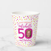 50. Geburtstag rosa gelbe Konfetti zwei Fotos Pappbecher (Vorderseite)
