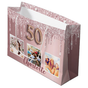50. Geburtstag Rosa Glitzer Tropfen Foto Monogramm Große Geschenktüte