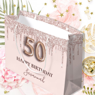 50. Geburtstag Rosa Glitzer Tropfen Rose Gold Große Geschenktüte