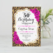 50. Geburtstag - Rosa Gold Leopard Print Einladung (Stehend Vorderseite)