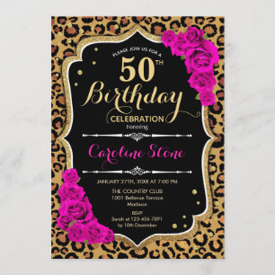 50. Geburtstag - Rosa Rosen Leopard Print Einladung