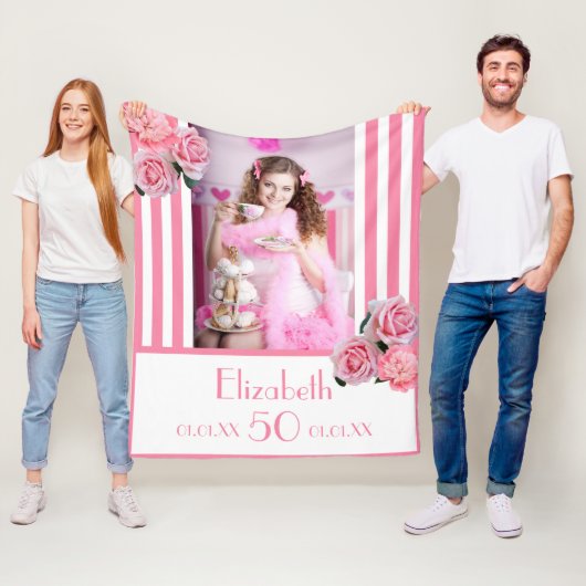 50. Geburtstag Rosa Streifen Blumenmuster Foto Nam Fleecedecke (Beispiel)