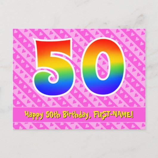 50. Geburtstag: Rosa Streifen & Herz, Regenbogen 5 Postkarte (Vorderseite)