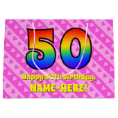 50. Geburtstag: Rosa Streifen & Herz, Regenbogen # Große Geschenktüte (Vorderseite)