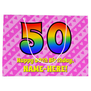 50. Geburtstag: Rosa Streifen & Herz, Regenbogen # Große Geschenktüte