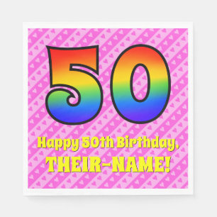 50. Geburtstag: Rosa Streifen & Herz, Regenbogen # Serviette