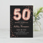 50. Geburtstag - Rose Gold Balloons Black Einladung (Stehend Vorderseite)
