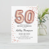 50. Geburtstag - Rose Gold Balloons Einladung (Stehend Vorderseite)
